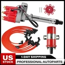 For Chevy 305 327 350 Small Cap Hei Distributor + Red Coil Wires Under Exhaust. Fixed Price $124.89.